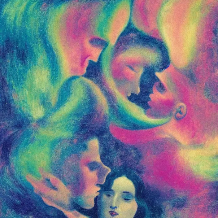 Image similar to close portrait of woman and man kissing. aurora borealis. iridescent, vivid psychedelic colors. painting by bosch, agnes pelton, utamaro, monet