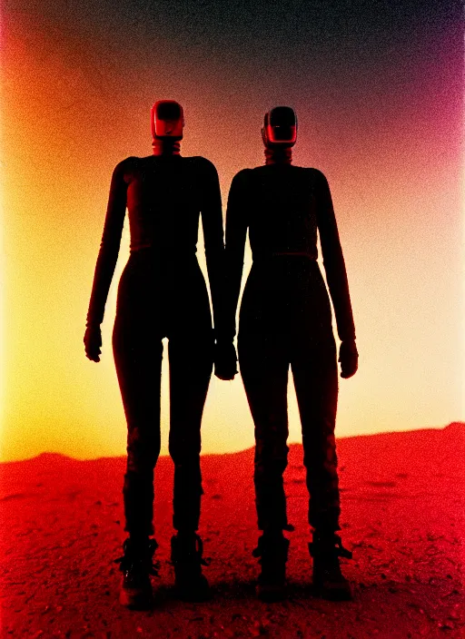 Image similar to cinestill 5 0 d photographic portrait of two loving female androids wearing rugged black techwear on a desolate plain with a red sky, extreme closeup, lizard on ground, cyberpunk style, in front of a brutalist dark metal facility, dust storm, 8 k, hd, high resolution, 3 5 mm, f / 3 2, ultra realistic faces