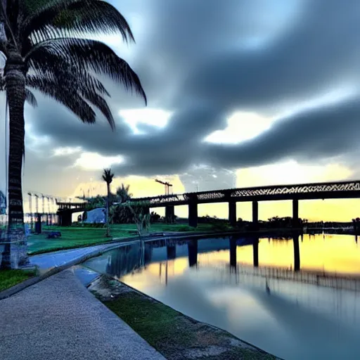 Prompt: blue hour, mostly cloudy sky, palm trees, bridge, curved bridge, dusk, 2 4 0 p footage, 2 0 0 6 youtube video