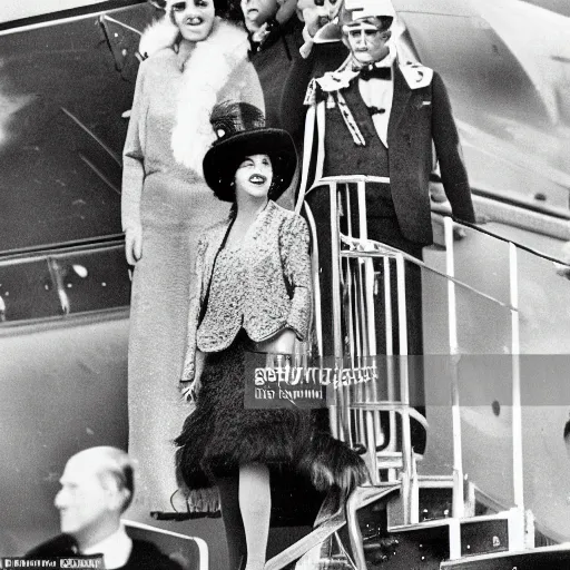 Prompt: a vintage historical fantasy 1 9 3 0 s kodachrome slide german and eastern european mix of the queen of winter is pictured attending a royal tour. she is shown descending a staircase from a luxurious plane, waving to the crowd below. she is donning a pencil skirt and peplum jacket in a yellow and green skirt suit.