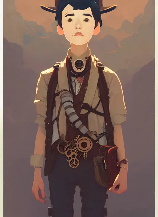 Image similar to detailed portrait of steampunk traveller, by cory loftis, atey ghailan, makoto shinkai, hasui kawase, james gilleard, beautiful, peaceful, calm