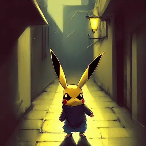 Image similar to pikachu mugging people in a back alley, art by greg rutkowski, intricate, elegant, highly detailed, smooth, sharp focus, artstation