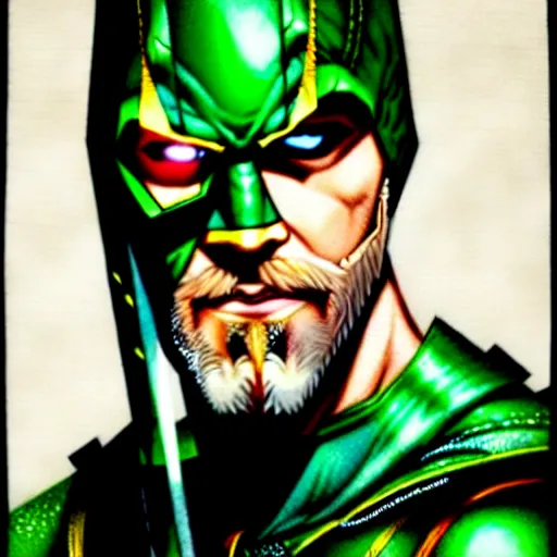 Image similar to uhd photorealistic portrait of ryan reynolds as green arrow, by amano, ayami kojima, greg rutkowski, lisa frank, mark brooks, and karol bak, masterpiece, cinematic composition, dramatic pose, studio lighting, correct face, hyperdetailed, intricate details