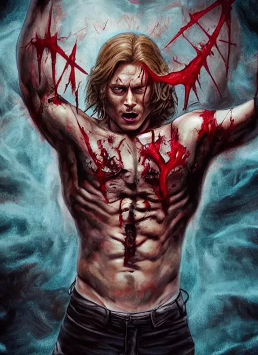 Prompt: Sam Winchester as a muscular half-blood demon with religious tattoos on chest and neck, open devil wings, stained and bleeding, magic overlays, magic flames, open portal with runes in the background, romance book cover style, D&D illustration style, (octane render) fantasy style, sharp focus, ultra detailed, art by Artgerm and Peter Andrew Jones, Ayami Kojima, Amano and Olivier Ledroit