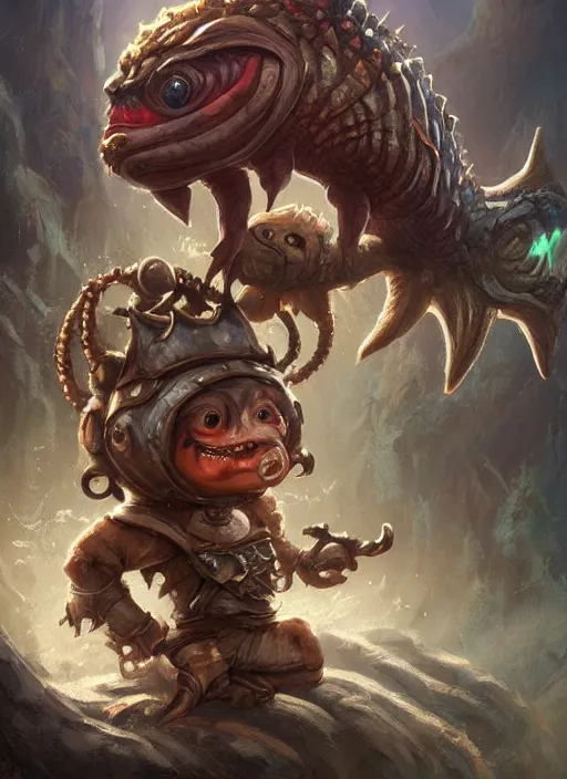 Image similar to cute little anthropomorphic piranha eater wearing canyon crown, tiny, small, miniature animal, baby animal, short, pale black armor, cute and adorable, pretty, beautiful, DnD character art portrait, matte fantasy painting, DeviantArt Artstation, by Jason Felix by Steve Argyle by Tyler Jacobson by Peter Mohrbacher, cinematic lighting