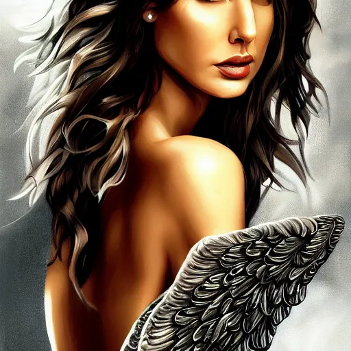 Image similar to Full body potrait of Gal Gadot as an angel, fantasy, intricate, elegant, highly detailed, digital painting, smooth, sharp focus, illustration