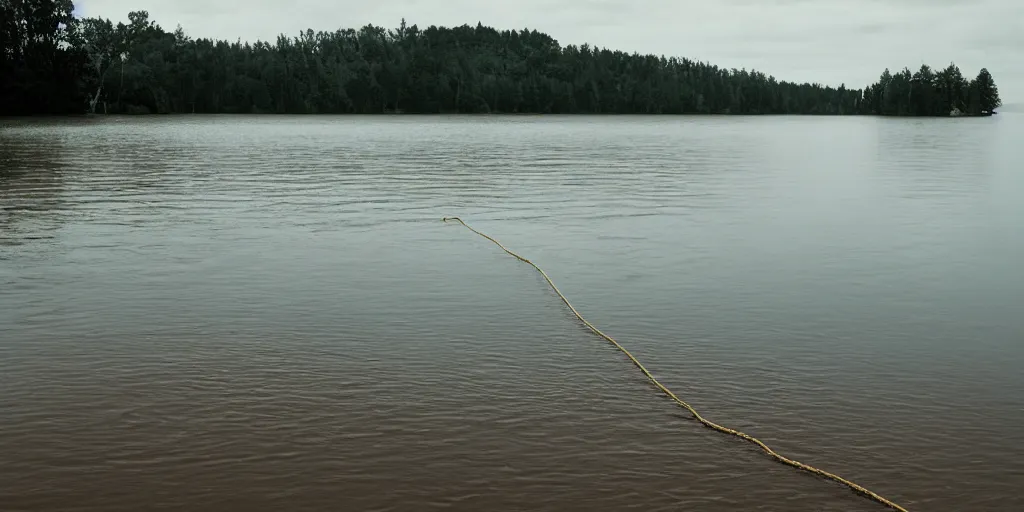 Prompt: centered photograph of a single line of thick big brown \ long rope floating on the surface stretching out to the center of the lake, a dark lake sandy shore on a cloudy day, color film, trees in the background, hyper - detailed kodak color film photo, anamorphic lens