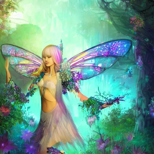 Prompt: cyberpunk fairy princess clothing store in a woodland grove, neon wings beautiful colorful pretty artistic 4 k artstation trending dramatic lighting realistic floral garden blooming flowers