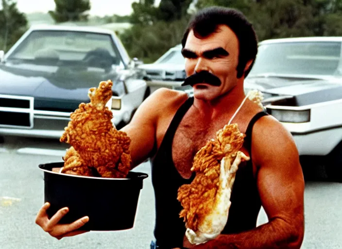 Image similar to film still of burt reynolds holding a bucket of fried chicken in cannonball run 1 9 8 2