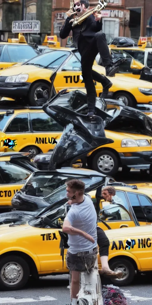 Image similar to of a punk Rock trumpet player really getting into a solo onto of a pile of taxi cars