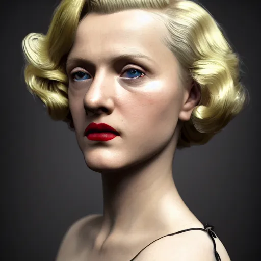 Prompt: A Hearts of Iron IV portrait of a blonde German actress with high cheekbones. Dressed in 1940s style. Highly detailed, fine Art, high detail, great lighting, 8k resolution, masterpiece, concept art, illustration, clear eyes, painting oil on canvas, octane render, HDR, trending on artstation, 4k, 8k, HD