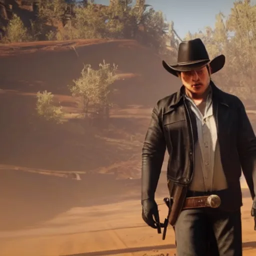 Prompt: Film still of Elon Musk, from Red Dead Redemption 2 (2018 video game)