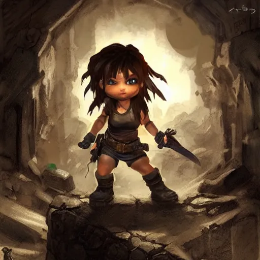 Image similar to concept art of chibi Lara Croft exploring a dark dungeon, Justin Gerard