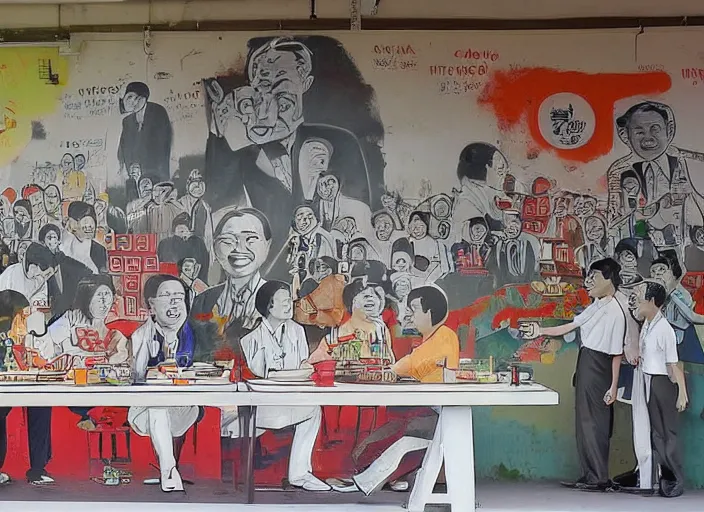 Image similar to Singapore prime ministers in a hawker centre, by Yip Yew Chong, street art