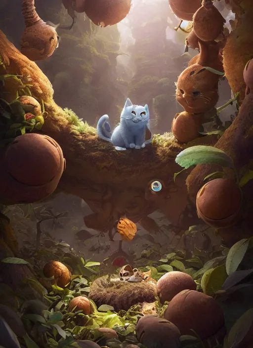 Prompt: round antropomorphic acorn and cat in world adventure movie by nuri iyem, james gurney, james jean, greg rutkowski, anato finnstark. pixar. hyper detailed, 5 0 mm, award winning photography, perfect faces