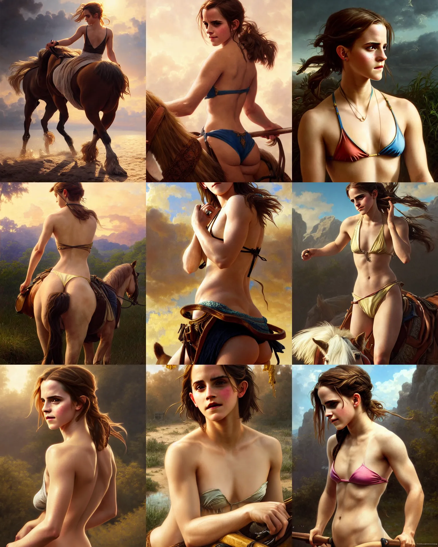 Prompt: painting of emma watson riding a horse, tiny bikini, ultra realistic, sharp details, subsurface scattering, intricate details, warm lighting, beautiful features, highly detailed, photorealistic, octane render, 8 k, unreal engine, art by artgerm and greg rutkowski and alphonse mucha