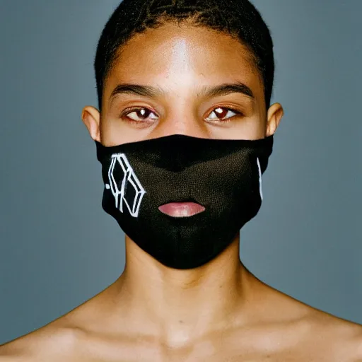 Image similar to realistic photoshooting for a new y - 3 lookbook, color film photography, portrait of a beautiful woman, model is wearing a balaclava mask, in style of tyler mitchell, 3 5 mm,