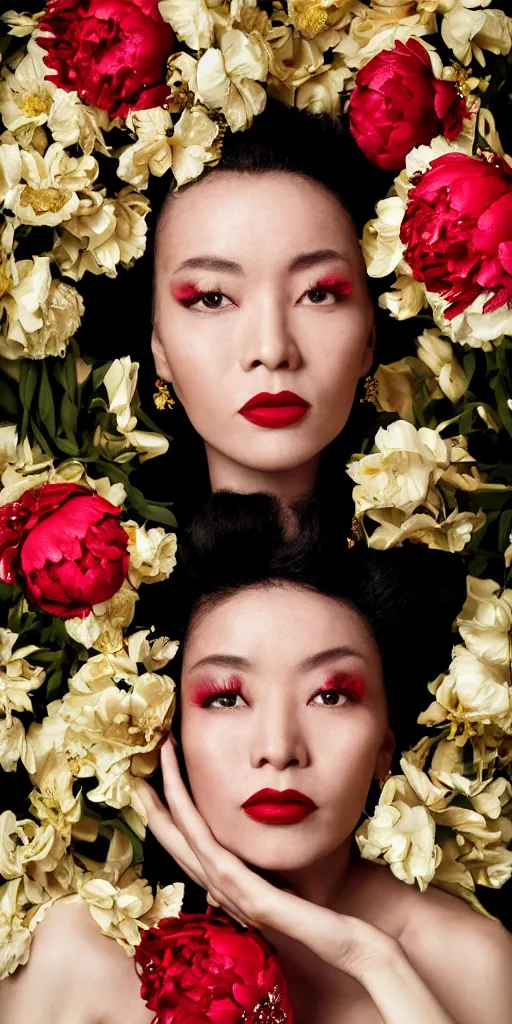 Image similar to Portrait of a European woman, black, close-up, high sharpness, zeiss lens, fashion photo shoot, peony flowers, red hair, red lipstick, in the background of gold, they have rhinestones on their face, Edward Buba, Annie Leibovitz and Steve McCurry, Leslie Zhang, David Lazar, Jimmy Nelsson, Eiko Hosoe, artistic, hyperrealistic, beautiful face, octane rendering