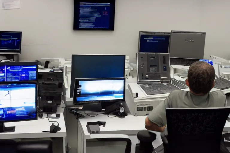 Prompt: an alien sat at a bank of computers listening for signs of life from space