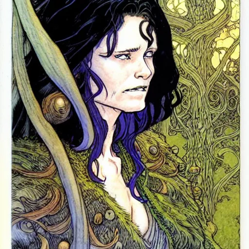 Image similar to a realistic portrait of sanna!!!!! marin!!!!!, the young beautiful female prime minister of finland as a druidic wizard by rebecca guay, michael kaluta, charles vess and jean moebius giraud