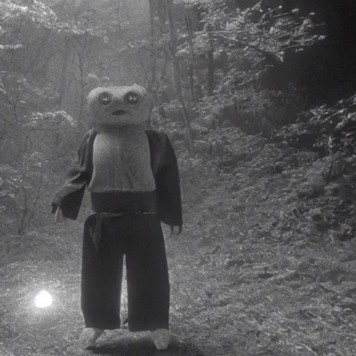 Prompt: a film still of an unsettling yokai haunting the depths of a Japanese forest, lighting by sven nykvist