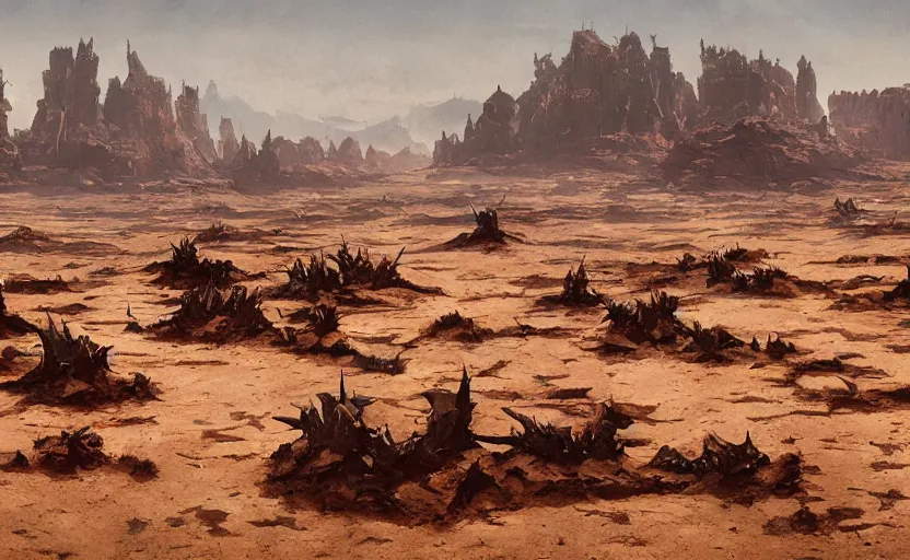 Image similar to landscape of flat wastelands, thin sharp rock spikes, greg rutkowski, brom, james gurney, mignola, craig mullins, alan lee