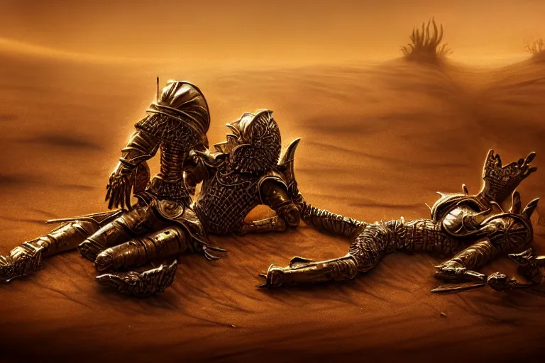 Image similar to the king in the desert dead on the ground, gold armour destroyed, killed, blood on gold sand, dark tragic scene, detailed scene, killed in war, fallen Crown, highly detailed, blood and dust, cinematic lighting, dramatic lighting, trending on artstation, elegant, intricate, tragedy, fantasy, D&D, highly detailed, digital painting, concept art