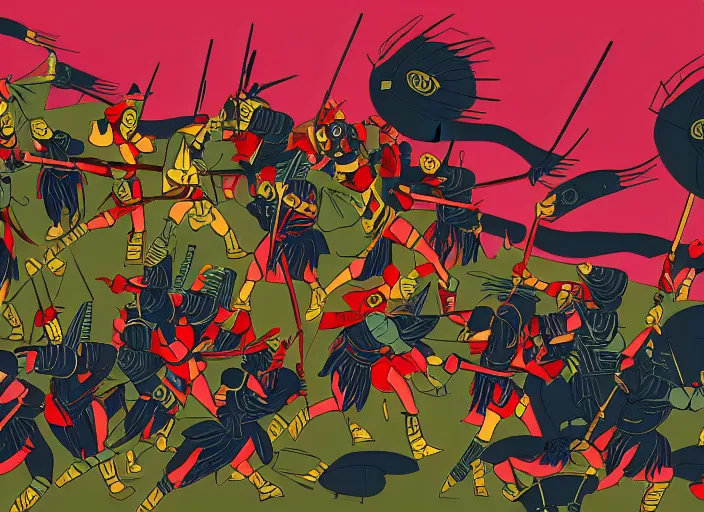 Prompt: trojan warriors in battle versus the us army in the style of artist eyvind earle