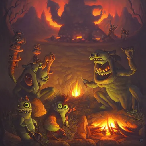 Image similar to monsters around a campfire by justin gerard, deviantart