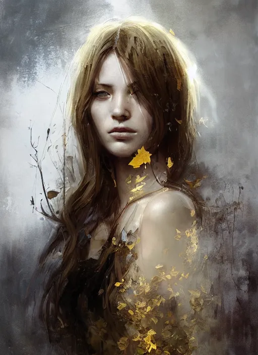 Image similar to golden leaves, beautiful portrait painting by jeremy mann, a female witch absurdly beautiful, elegant, ultrafine hyperrealistic detailed face illustration by wlop and artgerm and greg rutkowski, intricate linework, sharp focus, smooth, octopath traveler, final fantasy, unreal engine, dramatic lighting, ethereal, 8 k