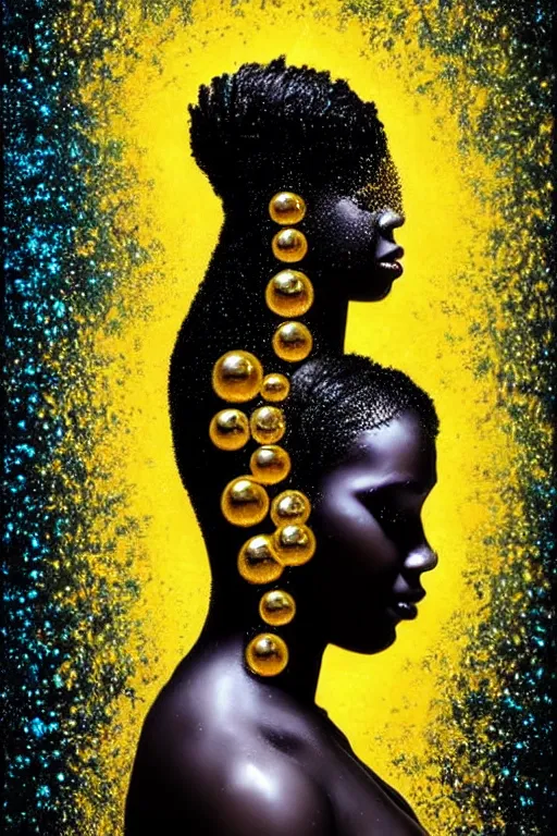 Image similar to hyperrealistic post - futurist cinematic very expressive! profile black oshun goddess, in water!! up to shoulders, mirror dripping droplet!, gold flowers, highly detailed face, digital art masterpiece, smooth eric zener cam de leon, dynamic pearlescent turquoise light, low angle uhd 8 k, sharp focus