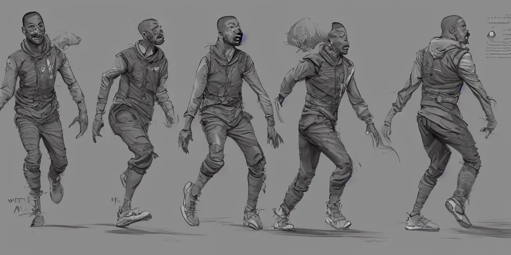 Image similar to cartoonish will smith running, character sheet, fine details, concept design, contrast, kim jung gi, greg rutkowski, trending on artstation, 8 k, full body, turnaround, front view, back view, ultra wide angle