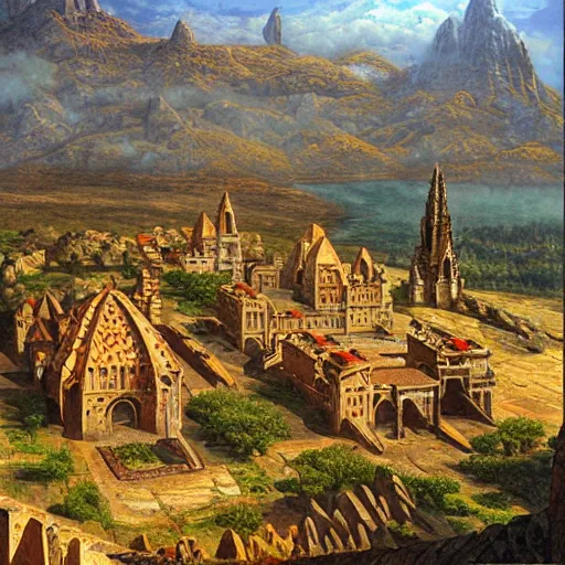 Prompt: an oblique aerial view of a medieval european fantasy city inside a volcanic caldera. the buildings are made of granite with red tiled roofs. the caldera is surrounded by shrubland. painting by ted nasmith, earl norem, bob larkin,.