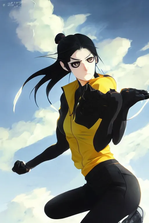 Image similar to black ponytail hair, pale woman in a black zipper jacket, yellow eyes, by artgerm, hair tied in a ponytail, white backdrop, soft lighting, fighting pose, dynamic angle, by greg rutkowski makoto shinkai takashi takeuchi