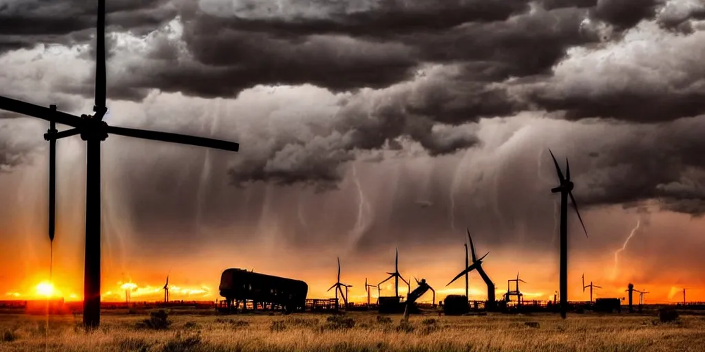 Image similar to photo of a stormy west texas sunset, perfect rustic pumpjack!, ( ( ( wind turbine ) ) ), abandoned train!!, horses!!!!!!, cows!!!!!!, high resolution lightning, golden hour, high detail, beautiful!!!