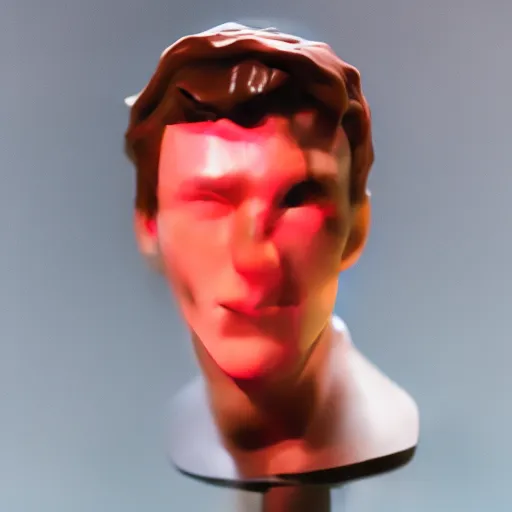 Prompt: a bust of tom holland made of chocolate, sitting on a table