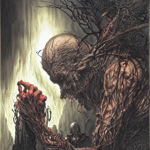 Image similar to the darkest fire, the brightest darkness, good and evil, epic, masterpiece, 8 k, 8 5 mm f / 1. 8 horror, flames, dark sci - fi, by bernie wrightson, by santiago caruso, by sabbas apterus