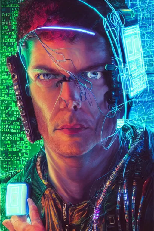 Image similar to stunning highly detailed portrait of a neuromancer hacker with cyber headgear surrounded by wires, neon colors, oil on canvas, strong lighting, by Greg Staples, by Glenn Fabry, by Josan Gonzalez, HD, 4K