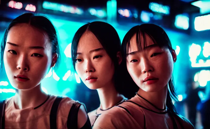 Prompt: cinestill 5 0 d photographic portrait of two female androids wearing streetwear talk at a bar in cyberpunk china, extreme closeup, modern cyberpunk, dust storm, 8 k, hd, high resolution, 3 5 mm, f / 3 2, ultra realistic faces, intricate detail, ex machina