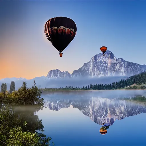 Image similar to photo of two black swans touching heads in a beautiful reflective mountain lake, a colorful hot air balloon is flying above the swans, hot air balloon, intricate, 8k highly professionally detailed, HDR, CGsociety