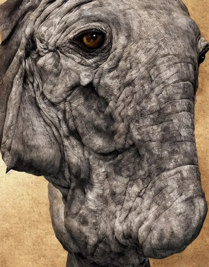Image similar to portrait of muscular animal human merged head skin, solid background, scales skin dog, cat merged elephant head cow, chicken face morphed fish head, gills, horse head animal merge, morphing dog head, animal eyes, merging crocodile head, anthropomorphic creature