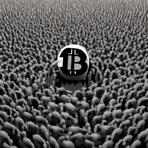 Image similar to landscape of crowd running away scared from a giant with bitcoin face, artstation, highly detailed, hyper-realistic, 8k