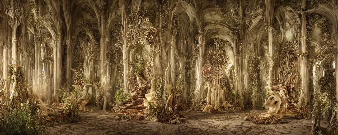 Prompt: hyperrealistic photo of the unseelie court gothic throne room mushrooms and flora