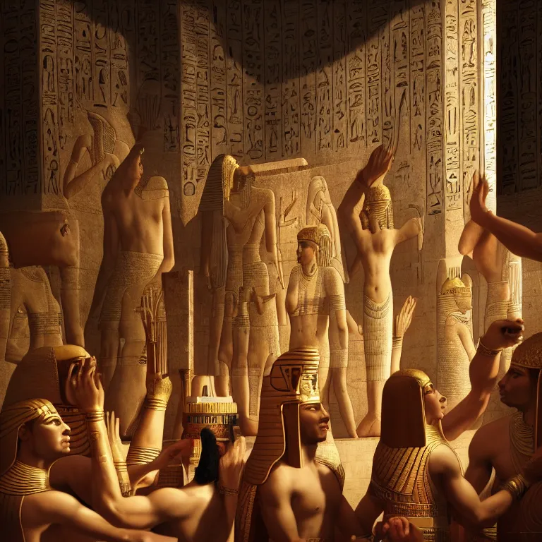 Prompt: ancient egyptians worshiping the pharaoh, dream-like atmosphere, symmetrical baroque painting, perfect composition, beautiful detailed intricate insanely detailed octane render trending on Artstation, 8K artistic photography, photorealistic, soft natural volumetric cinematic perfect light, chiaroscuro, award-winning photograph, masterpiece, Raphael, Caravaggio, Greg Rutkowski, Beeple