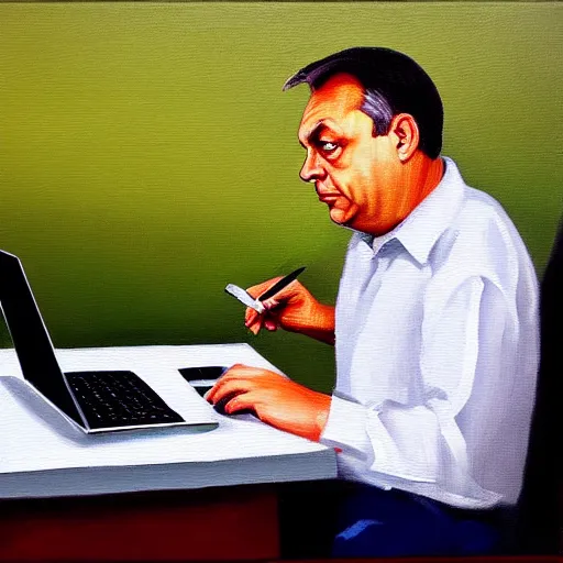 Prompt: viktor orban javascript programming with a laptop in a cubicle, oil painting