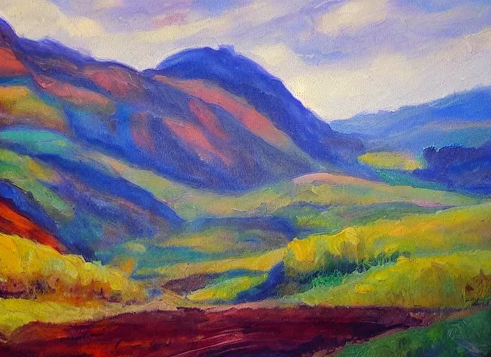 Prompt: figurative painting, landscape, hills as gorges