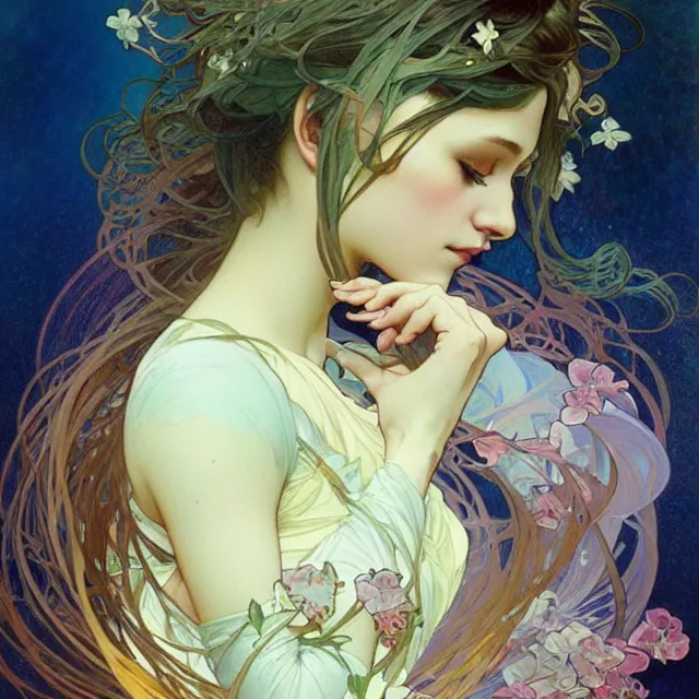 Prompt: in this whole world, you are the most beautiful. oil painting, by ross tran an alphonse mucha