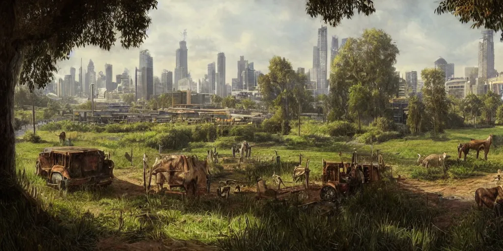 Prompt: landscape of melbourne by james gurney, josh kirby, alan lee as a last of us environment