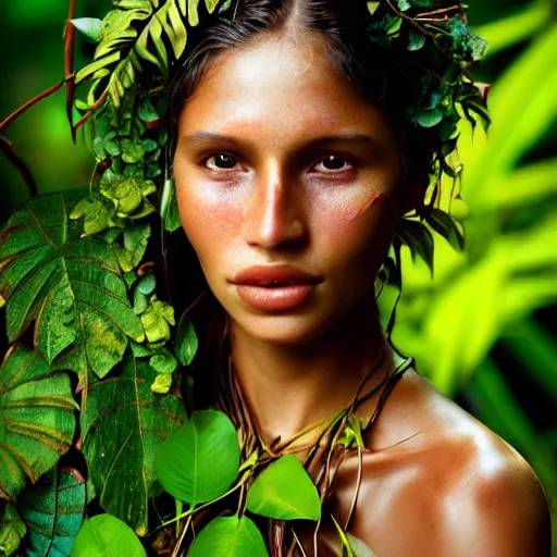 Image similar to photographic portrait of a stunningly beautiful amazonian tribal female face in amongst the jungle foliage, leaves, flowers, vines, contemporary fashion shoot, by edward robert hughes, annie leibovitz and steve mccurry, david lazar, jimmy nelsson, breathtaking, 8 k resolution, extremely detailed, beautiful, establishing shot, artistic, hyperrealistic, beautiful face, octane render