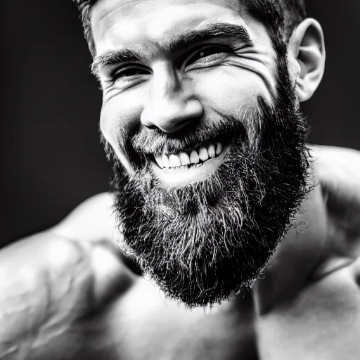 Image similar to Black and white photography of a very muscular man smiling with a chiseled jawline and trimmed beard